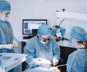dentists performing dental implant surgery on a patient 