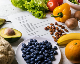 Fruits and vegetables scattered around a recipe