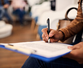 woman filling out dental insurance form in lobby